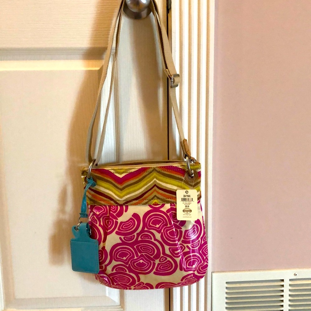 Fossil Pink Teal Multicolor Chevron Crossbody Bag